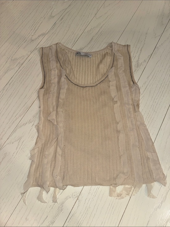 Zara Tops - Zara Beige Ruffle-Trim Ribbed Tank